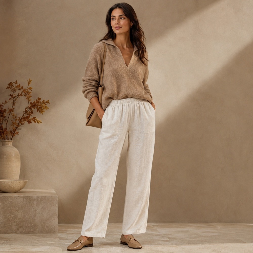 AEXAE Linen Drawstring Trousers Womens S White Relaxed Straight Leg Resort
